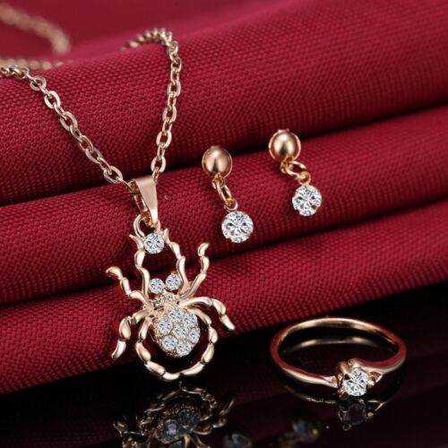 Women Silver/Gold Wedding Rhinestone Necklace Crystal Earrings Ring Jewelry Set 