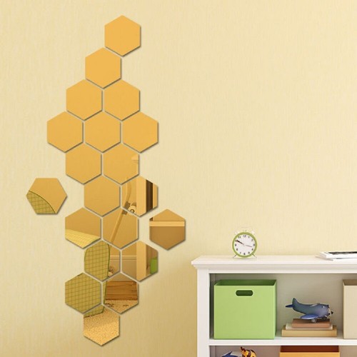 24* Mirror Sticker Selfadhesive Hexagon Mosaic Tiles Decorative Wall Sticker Art
