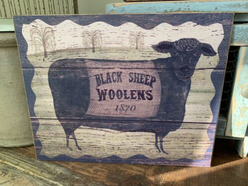 Folk Art Primitive Black Sheep Woolens On 8x10 Canvas