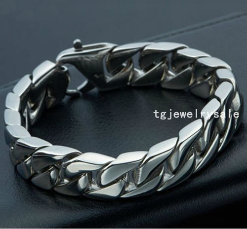 15mm Mens Jewelry Silver Tone Stainless Steel Curb Cuban Chain Bracelet 8.66/"