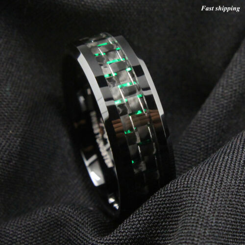 Men&#039;s jewelry 8Mm Tungsten Ring with  Black and Green Carbon Fiber Wedding Band