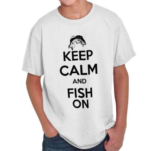 Keep Calm Fish On Bass Fishing Fisherman Gift Youth Child T-Shirt Tshirts Tees