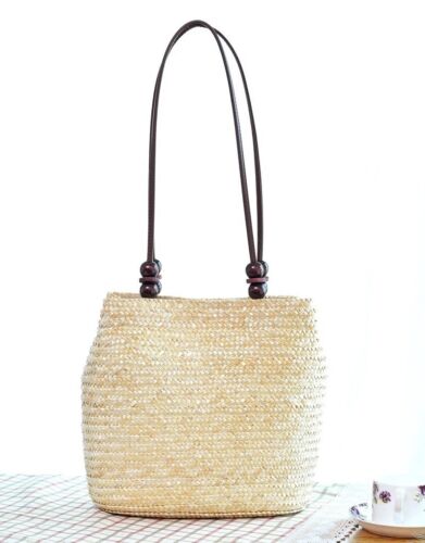 Handmade Women Straw Woven Beach Tote Summer Shoulder Bag Shopping Handbag Beige