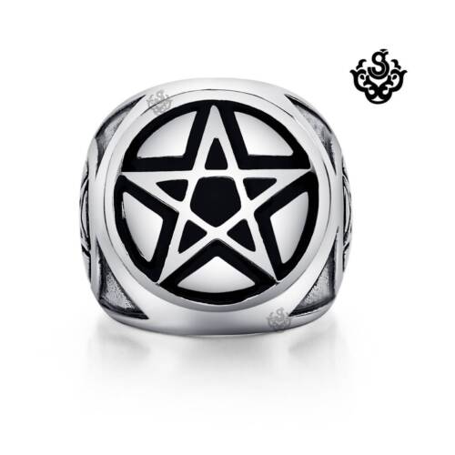 Silver bikies ring pentagram Five-pointed star solid heavy stainless steel band 