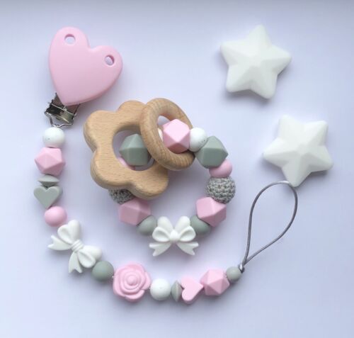 Soother Clip Pink Pacifier Clip Personalised Dummy Clip And Teether Set
