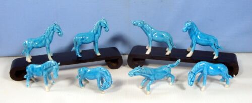 Vintage Swatow Chinese turquoise porcelain horses set of 8 circa 1930s unused