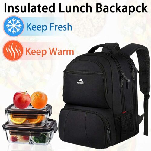 Matein Black 15.6" Laptop Backpack Insulated Lunch Cooler Leakproof Travel Bag 