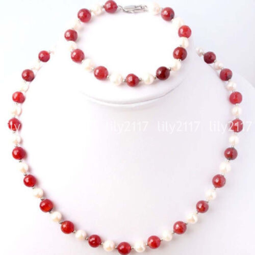 Naturel 7-8 mm blanc eau douce perle /& rouge jade Collier Bracelet Bijou Set