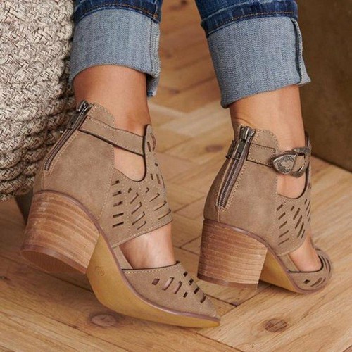 Womens Peep Toe Buckle Hollow-Out Sandals Breath Mid Block Heels Shoes Plus Size