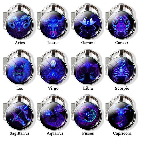 12 Constellation Zodiac Sign Key Rings Round Glass Pendant Keychain Xmas Gifts