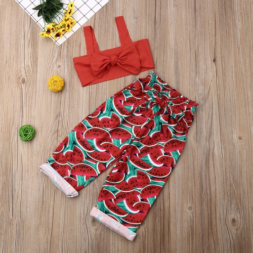 Toddler Baby Girl Sleeveless Top Bow Pants Sunsuit Outfit Watermelon Clothes Set