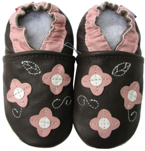 carozoo pink flower leaf brown 5-6y soft sole leather kids shoes 