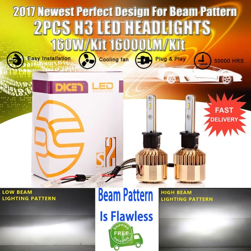 160W 16000LM H3 LED DRL Headlights Kit Car Upgrade Beam Driving Lamp Bulbs 6000K