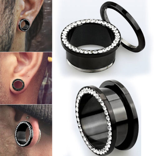 Pair Black PVD Steel Flesh Tunnel Ear Plugs Screw-Fit Clear Crystal Studded Rim