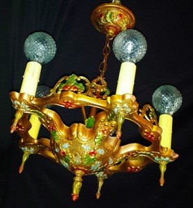 VINTAGE-SET-OF-OAK-CHANDELIER-2-SCONCES-CAST-METAL-CEILING-WALL-FIXTURE-1920s