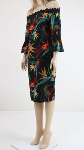Paper Dolls Multi Bardot Pencil Dress in Multi Print with Lace Trim UK 10 38 £55