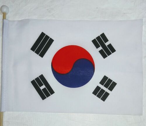 South Korea Handwaving Flag 9 x 6" Polyester Flag 12" Wooden Pole Hand Waver 