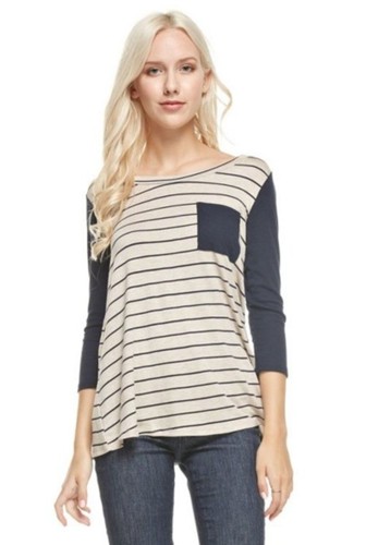 Navy Oatmeal Beige Striped Pocket Top Reborn J SIZE SMALL