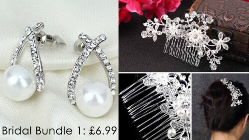 Bundle Pearl Earrings+Bride Bridesmaid wedding Crystal Hair Accessories Pin Comb