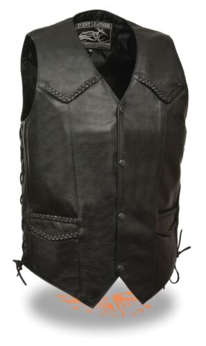 Mens Very Thin /& Lightweight Black Side Lace Braided Leather Vest w// Snap Front