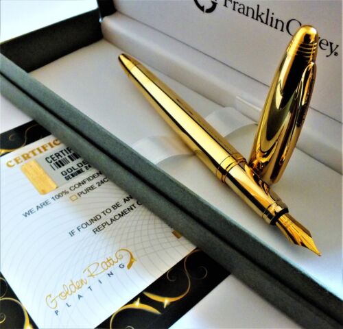 24ct Gold Plated Shiny Franklin Covey Fountain Writing Pen Ink Gift Box Black