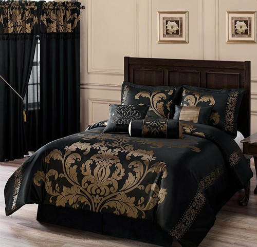Chezmoi Collection Royale 7-Piece Jacquard Floral Comforter Set Black//Gold