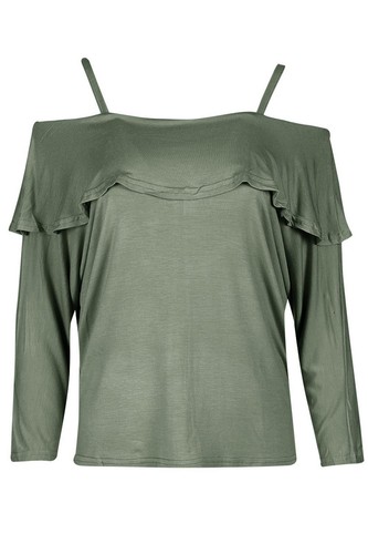 Ladies Womens Cami Wide Strappy Long Sleeve Off Cold Shoulder Peplum Bardot Top