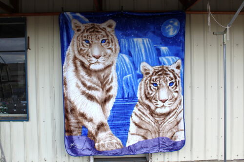 WHITE TIGER TIGERS WATERFALL MOON MICHAEL SEARLE QUEEN SIZE BLANKET BEDSPREAD