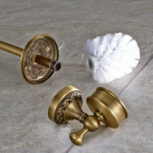 Antique Brass Carving Toilet Brush With Ceramic Cup Holder Wall Mount Bathroom 