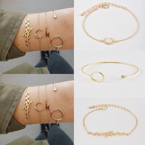4pcs//Set Femmes Gold Moon Leaf Lightning Rhinstone Cuff Chaîne Bracelets Bangle