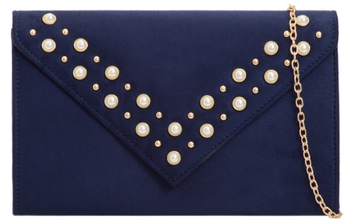 Vintage Ladies Faux Suede Clutch Bag Pearls Flap Pattern Evening Party Wedding