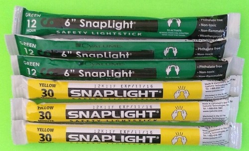 Lot of 6 Yellow//Green Cyalume SnapLight Lightsticks Emergency Survival Prepper