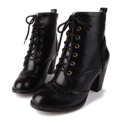 Details about   Women Retro Ankle Boots Lace Up Booties Chunky High Heel Strappy Round Toe Shoes 