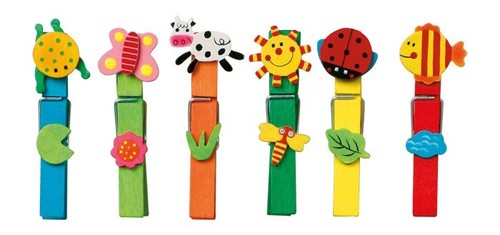 set da 24 pezzi Mollette colorate in legno con applicazioni
