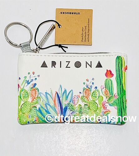 NEW Starbucks Arizona 2019 Card Pouch Keychain Cactus Full Zip Coin Purse White