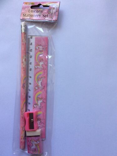 pink Unicorn Stationery Set unicorns /& rainbows 4 pieces rubber ruler pencil