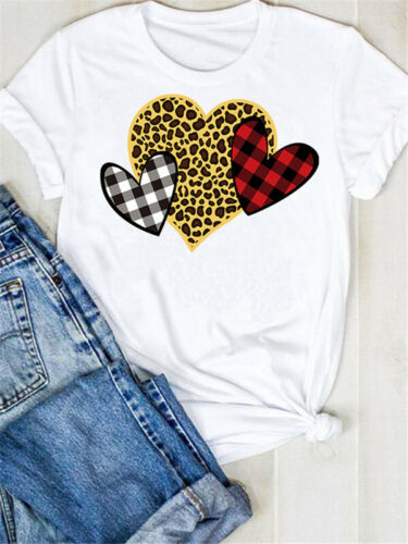 Women Leopard Plaid Love Heart Blouse Casual Top Ladies Tee Streetwear T-Shirt