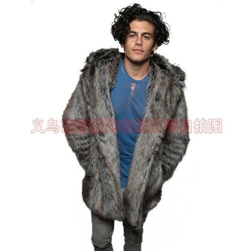 Men Winter Faux Fox Fur Overcoat Hooded Parka Jacket Thick Fashion Furry Coats