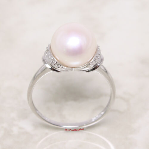 14k White Gold Genuine AAA 9.5-10mm White Cultured Pearl Diamonds Cocktail Ring 