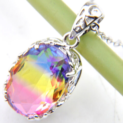 Gorgeous Shiny Bi Colored Tourmaline Silver Oval Necklace Pendants With Chain 