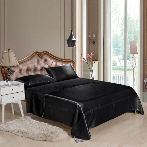 4pcs/Comfortable Satin Silk Fitted Sheet Bed Flat Sheet Set Bedding Set Pillowca 
