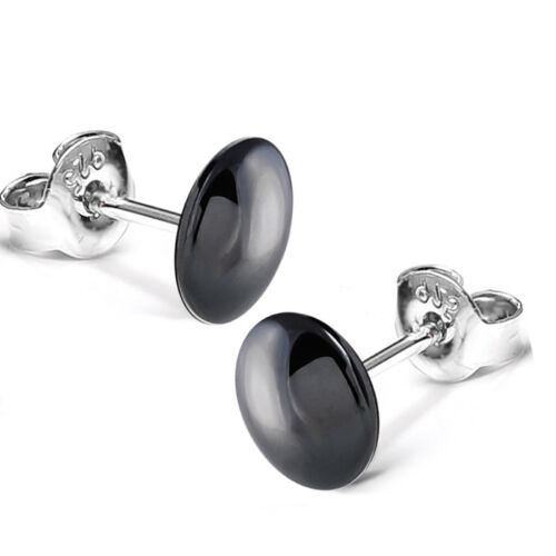 925 Sterling Silver Stud Earrings Gemstone Cabochon Flat 5 mm Black Hematite