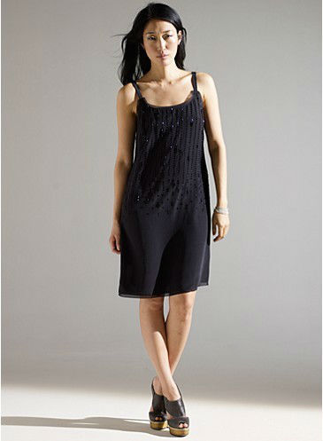 Eileen Fisher Beaded Silk Crepe De Chine Knee Length Cami Dress Black NWT $338