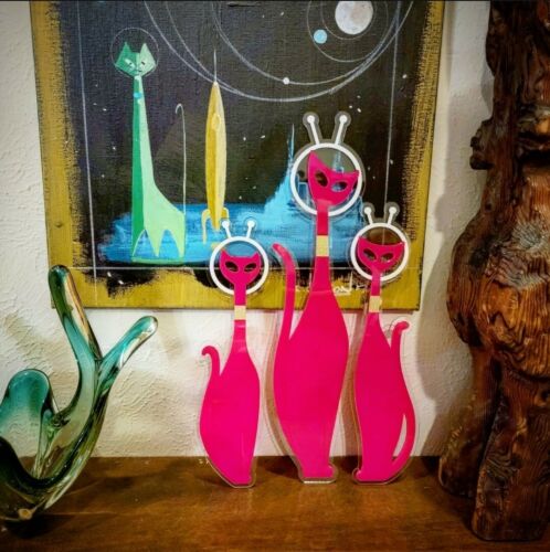 PINK Atomic Space Cats Wall Art Mid Century Laser Sculpture Mod Lovers 