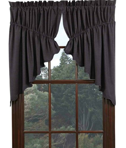 VHC Brands Arlington Prairie Swag Lined Primitive Navy Blue Farmhouse Plaid