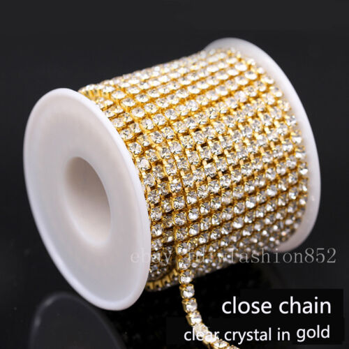 1//10yards ss6//8//10//12//16//18 Crystal Clear Rhinestones gold close cup Chain Trims