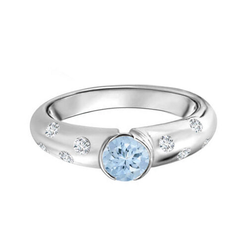 Semi Bezel Aquamarine Solitaire Accents Ring 925 Sterling Silver