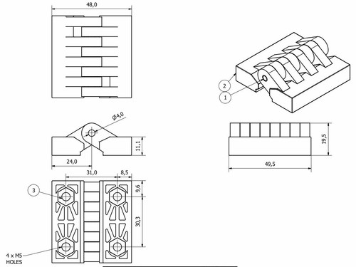 Pack 4 Black Polymide Hinge Reinforced Plastic 48x49mm Italian Concealed Fixing