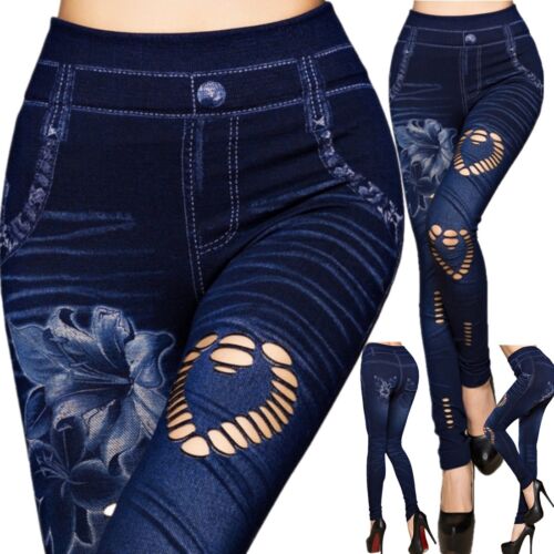 Damen Leggings Skinny Hohe Taille Jeans-Look Hose Denim Stretchy Röhrenhose HS