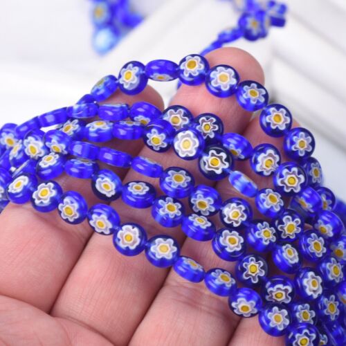 50pcs Flat Round 8mm Blue Flower Millefiori Glass Beads Lot for Jewelry Making 